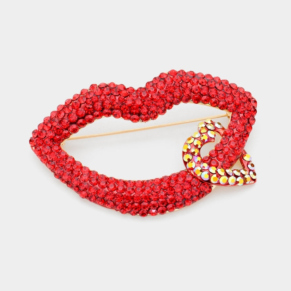 Red Rhinestone Crystal Heart Lip Brooch Pin Cute Statement Accessory